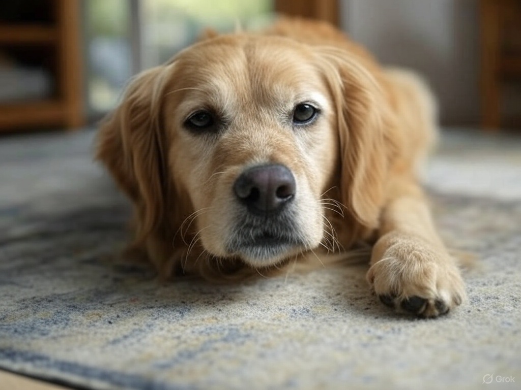 Pet odors An old dog lays on a rug