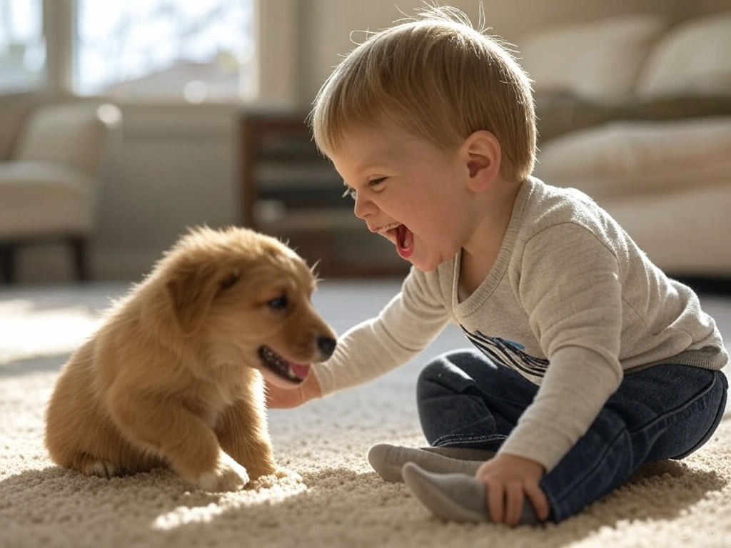 Puppy play A child plays with a puppy