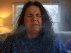 A woman is offended by the odor of tobacco.