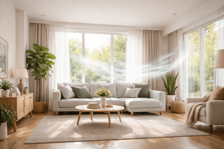 Bright residential interior showing clean air and freshness after professional odor removal