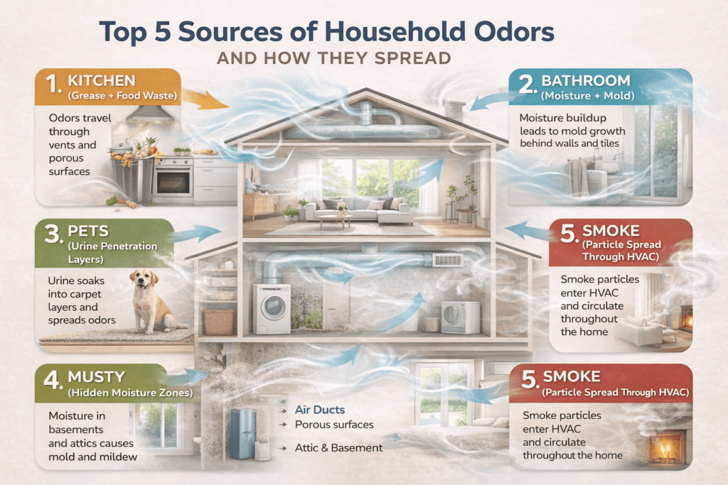 Infographic showing the top five sources of household odors—kitchen grease and food waste, bathroom moisture and mold, pet urine penetration, hidden musty moisture zones, and smoke spreading through HVAC systems—with arrows illustrating how odors travel through air ducts, porous materials, and different areas of the home.