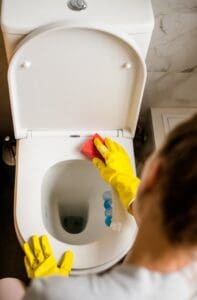 A woman cleans her home toilet