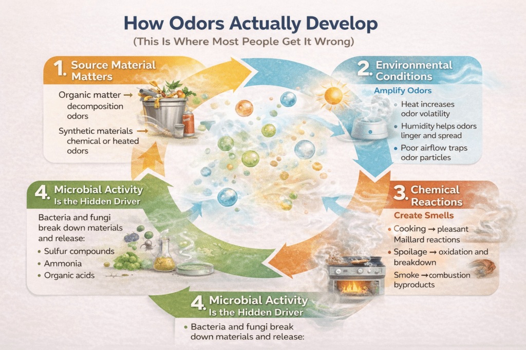 Circular infographic illustrating how odors develop through four connected stages: source materials producing decomposition or chemical odors, environmental conditions like heat and humidity amplifying and spreading odor particles, chemical reactions such as cooking and spoilage creating smell compounds, and microbial activity from bacteria and fungi releasing sulfur compounds, ammonia, and organic acids—showing a continuous cycle of odor formation.