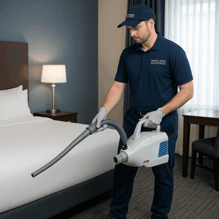 A Technician deodorizes a hotel room.