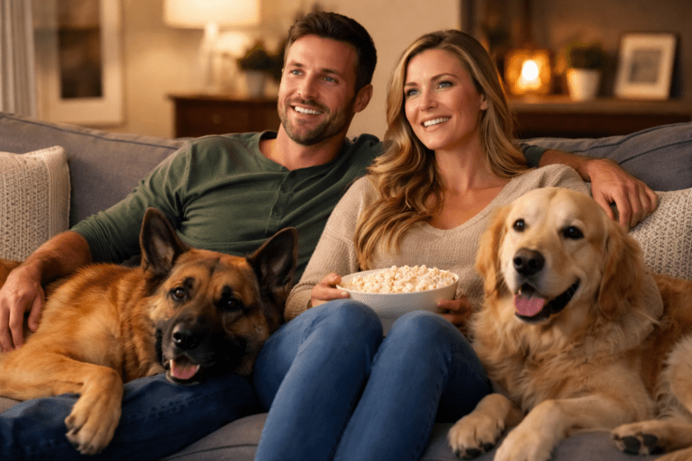 A couple enjoying a movie on the couch with two large dogs, representing common pet activity that can contribute to pet odors in rental properties.