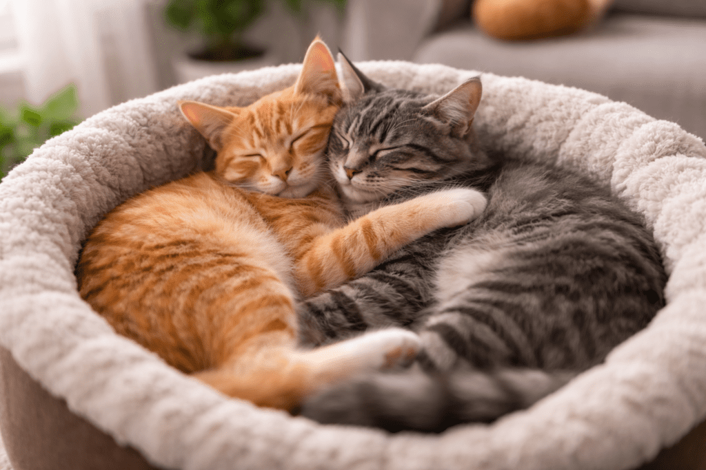 Two cats snoozing in their little pet bed. 