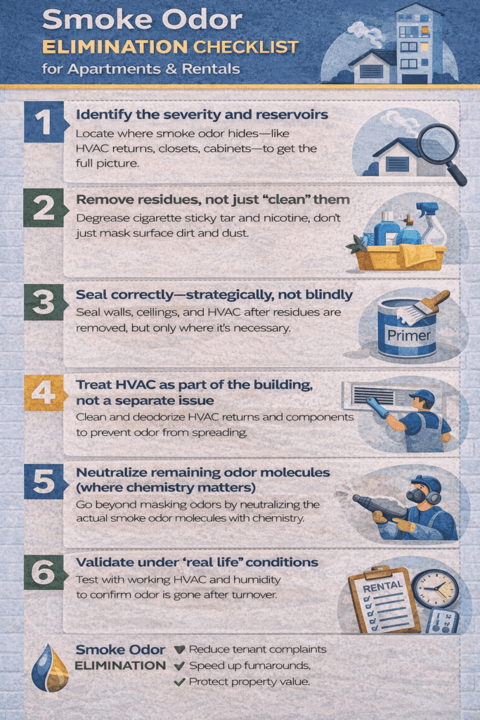 Vertical infographic outlining six steps to eliminate smoke odor in apartments, including identifying odor sources, residue removal, sealing surfaces, treating HVAC systems, neutralizing odor molecules, and validating results before tenant move-in