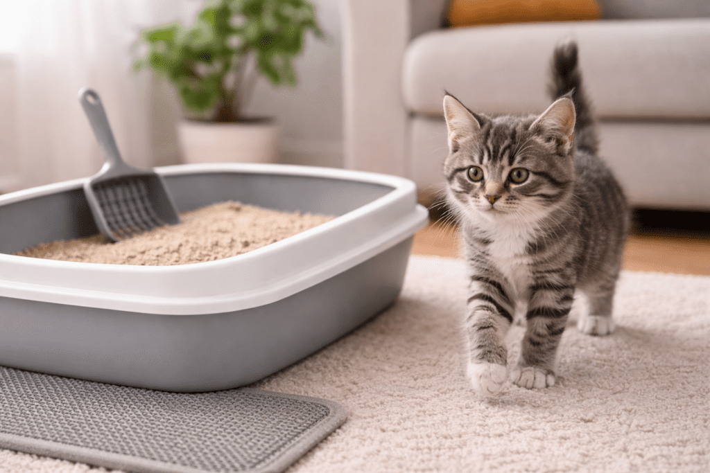 Gray tabby kitten walking on a light carpet beside a clean, neatly maintained litter box with a scoop and mat in a bright, tidy living room.