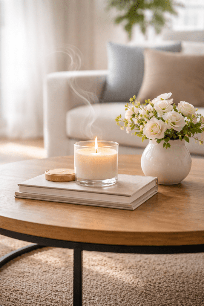 Close-up of a lit scented candle on a coffee table with soft smoke rising, placed on stacked books beside a small vase of white flowers, in a bright, clean living room setting.