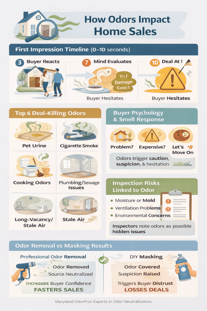 Infographic explaining how odors impact home sales, including first impression timeline, common deal-killing odors, buyer psychology responses, inspection risks, and comparison of professional odor removal versus masking methods.