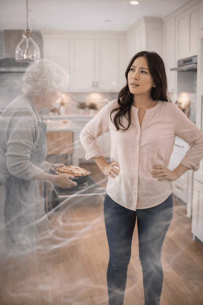 Clean, modern kitchen with a woman standing in the center looking confused as she searches for a lingering smell, while a faint, ghost-like overlay of an elderly woman baking a pie appears in the background, symbolizing hidden odor sources.