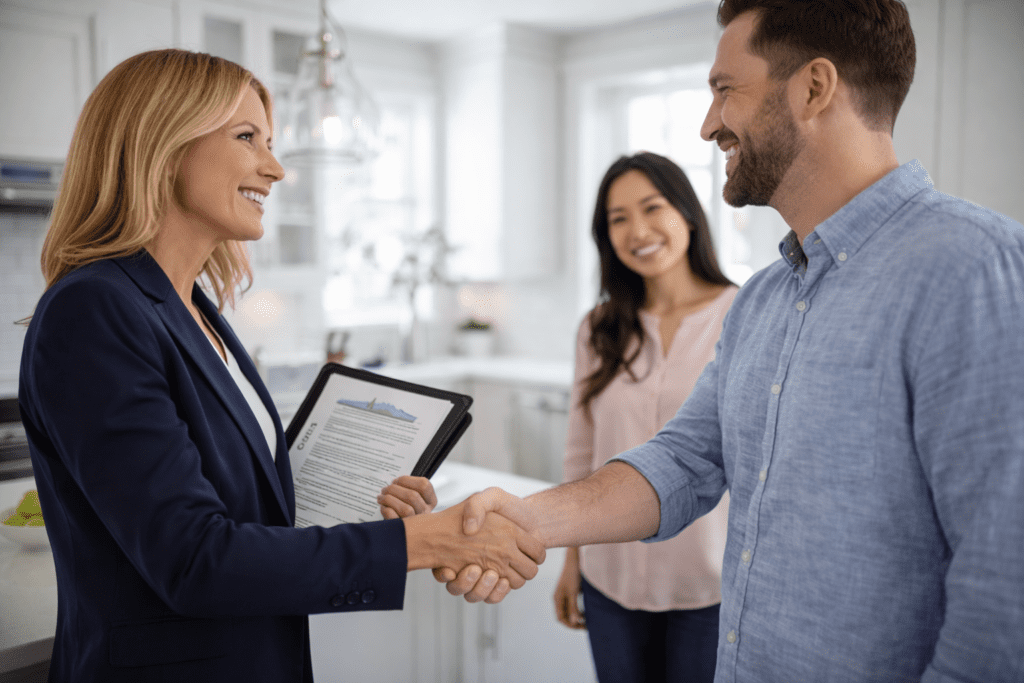 Close-up of a real estate agent shaking hands with a homebuyer in a modern kitchen, symbolizing the successful closing of a home sale, with another buyer smiling in the background.
