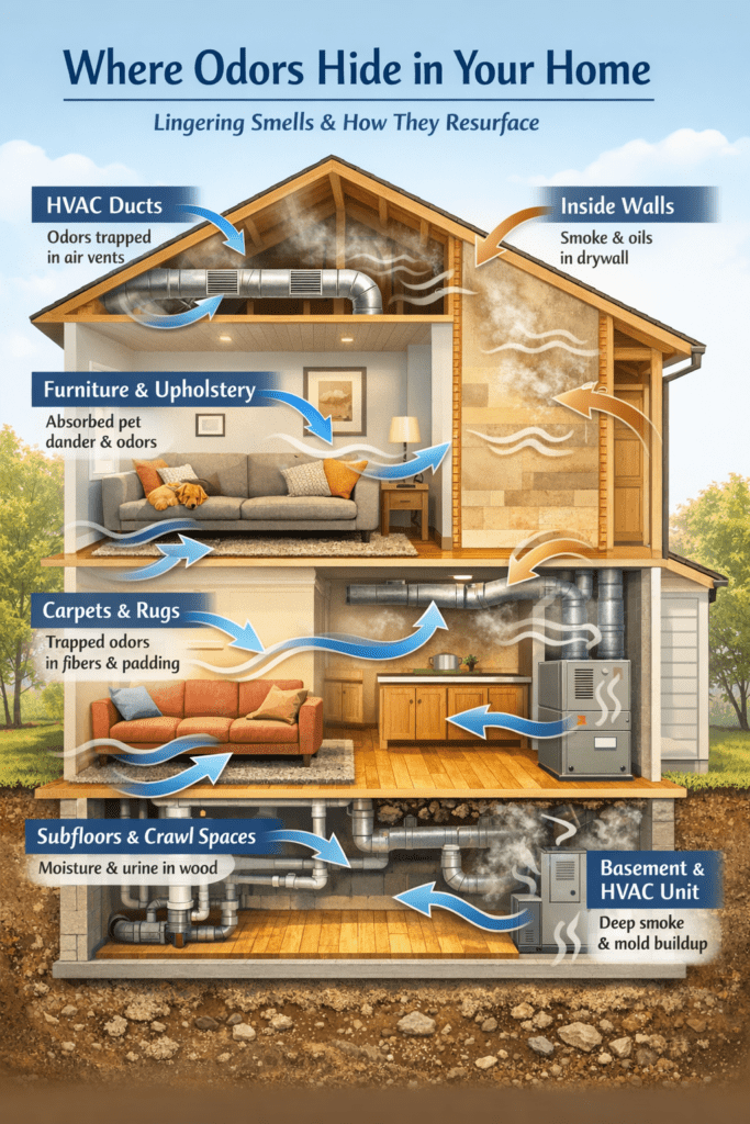 Cross-section illustration of a two-story home showing hidden odor sources, including HVAC ducts in the attic and basement, odors embedded in interior walls, furniture and upholstery absorbing pet dander, carpets trapping smells in fibers and padding, and subfloors holding moisture and contaminants, with arrows indicating how odor particles circulate through the house and re-emerge into living spaces.