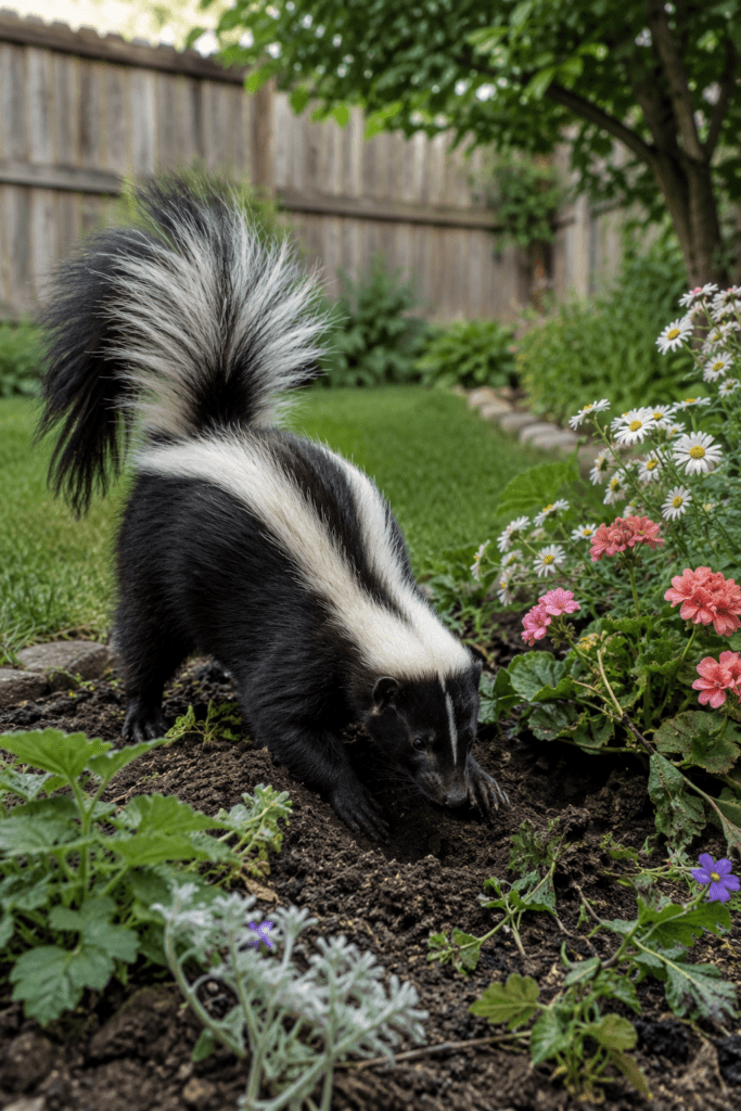 image of a skunk in the backyard digging for grubs.