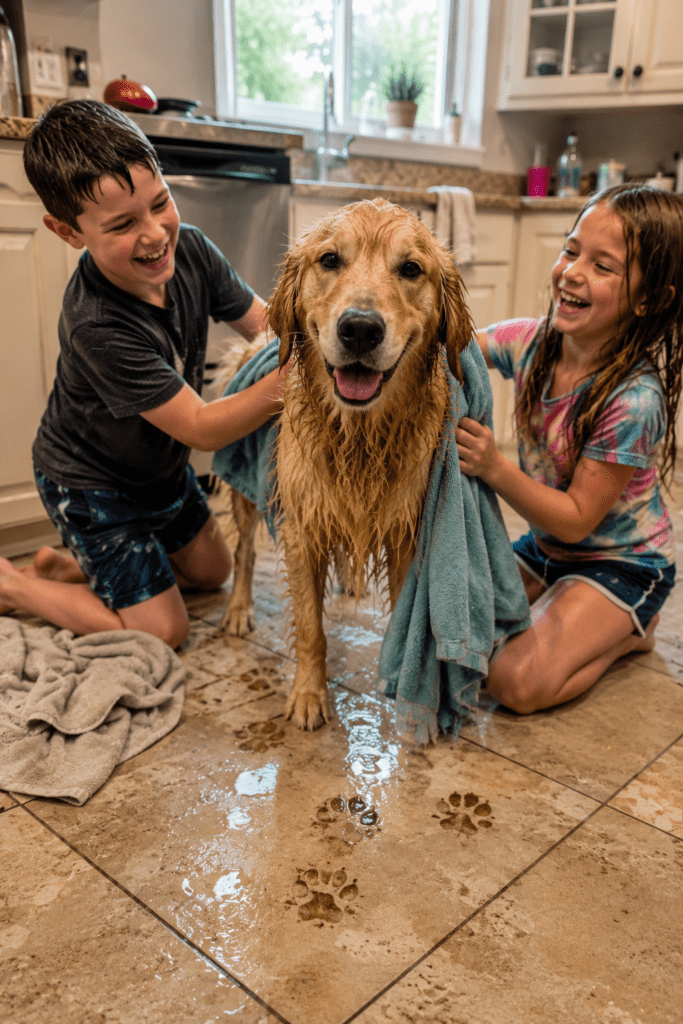 image of a wet dog in a kitchen with two children trying to dry it with towels.