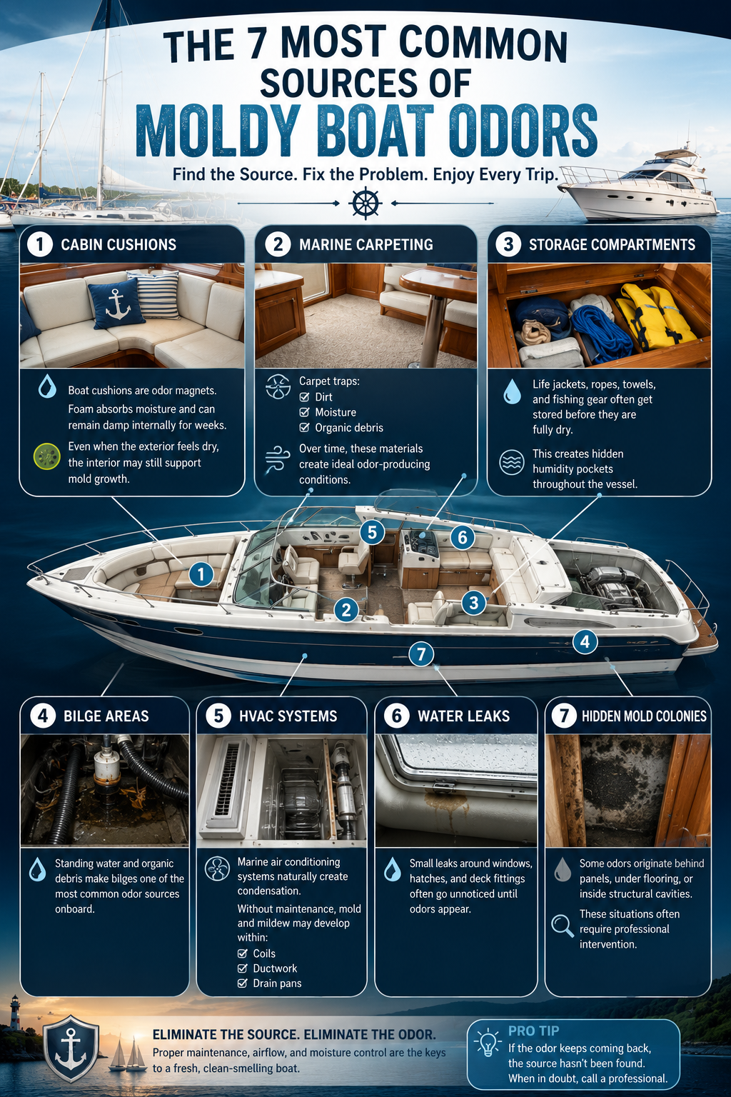 inforgraph showing the 7 most common places for odors on boats