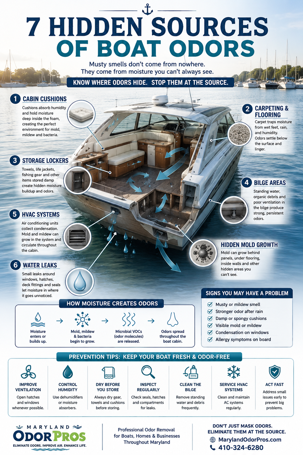 7 most common areas that are hidden sources of odors in boats