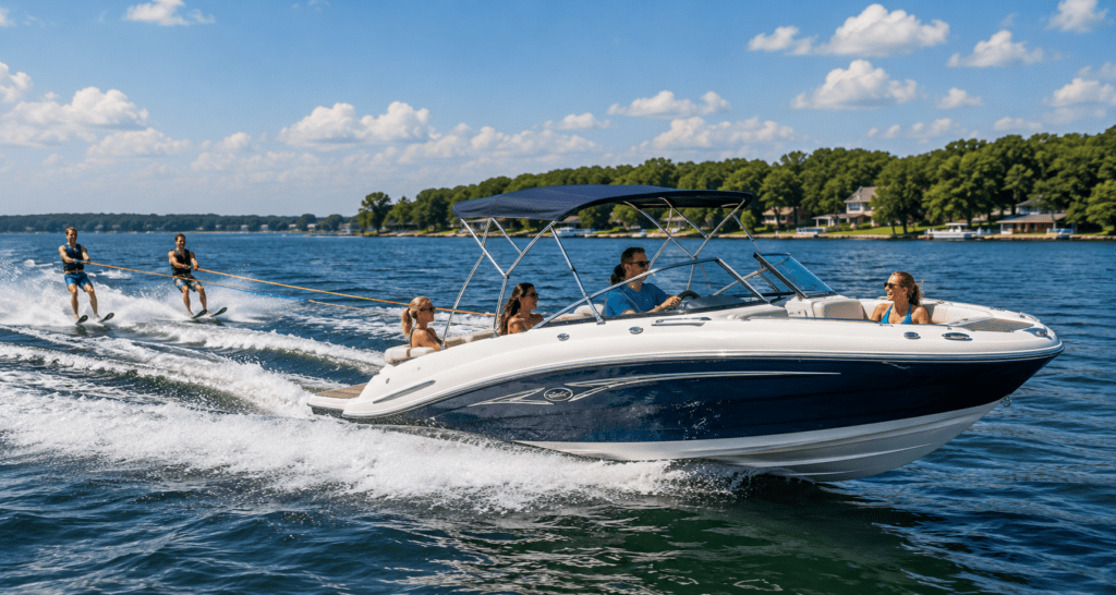 an image showing a day of water sport fun on the Chesapeake Bay water skiing, people having fun and laughing.
