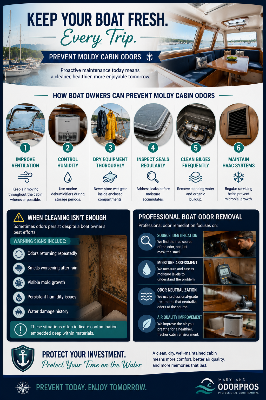 Boat odor prevention infographic showing how to prevent moldy cabin odors with ventilation, humidity control, dry storage practices, bilge cleaning, HVAC maintenance, moisture assessment, and professional boat odor removal solutions for Chesapeake Bay and Maryland boat owners.