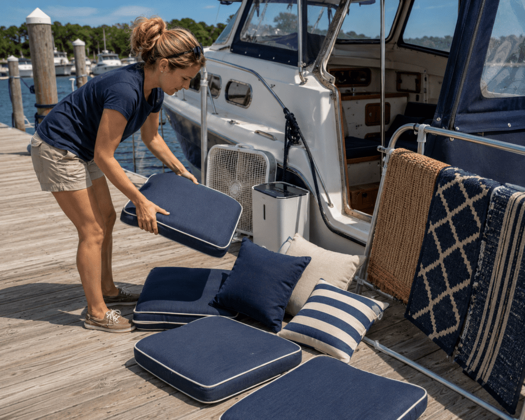 woman taking cushions, pillows and rugs out to dry fully to get rid of moisture.