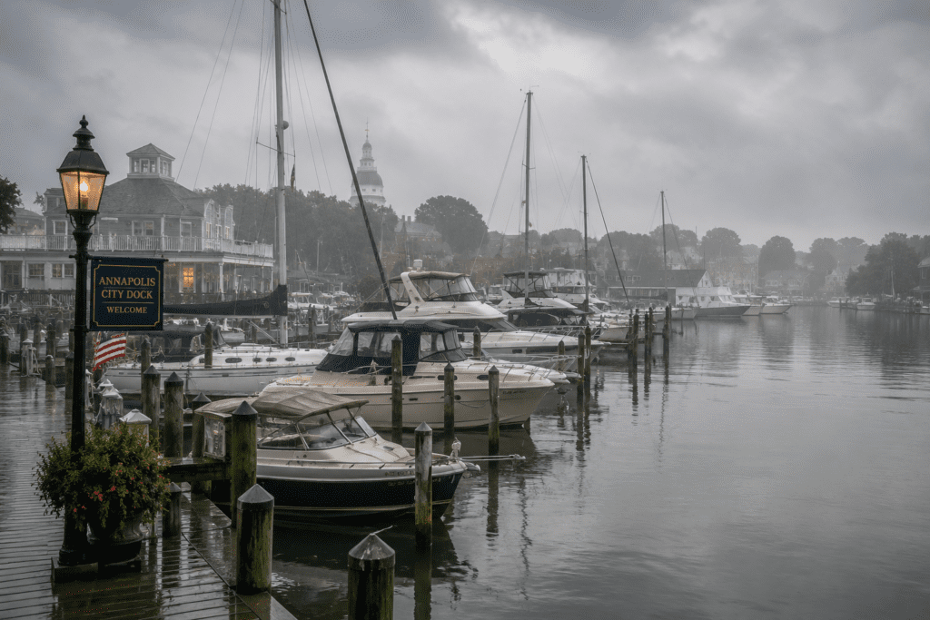sailboats and motorboats at dock after a rain storm in Annapolis with high humidity as the sun comes out.