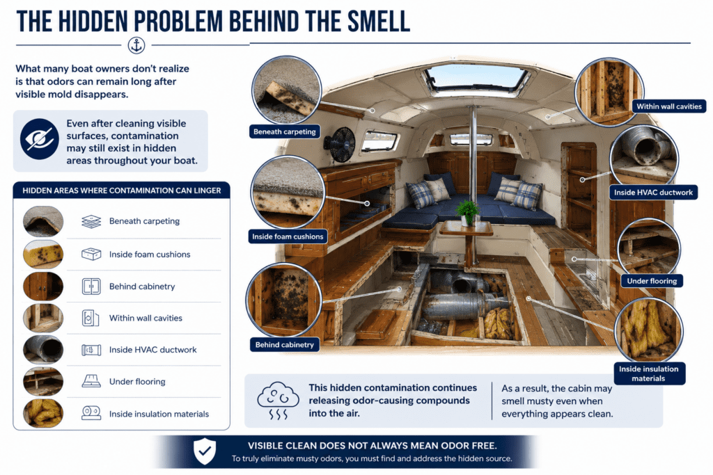 image showing the places that hide problems areas that even after the area is clean will still emit odors unless addressed.