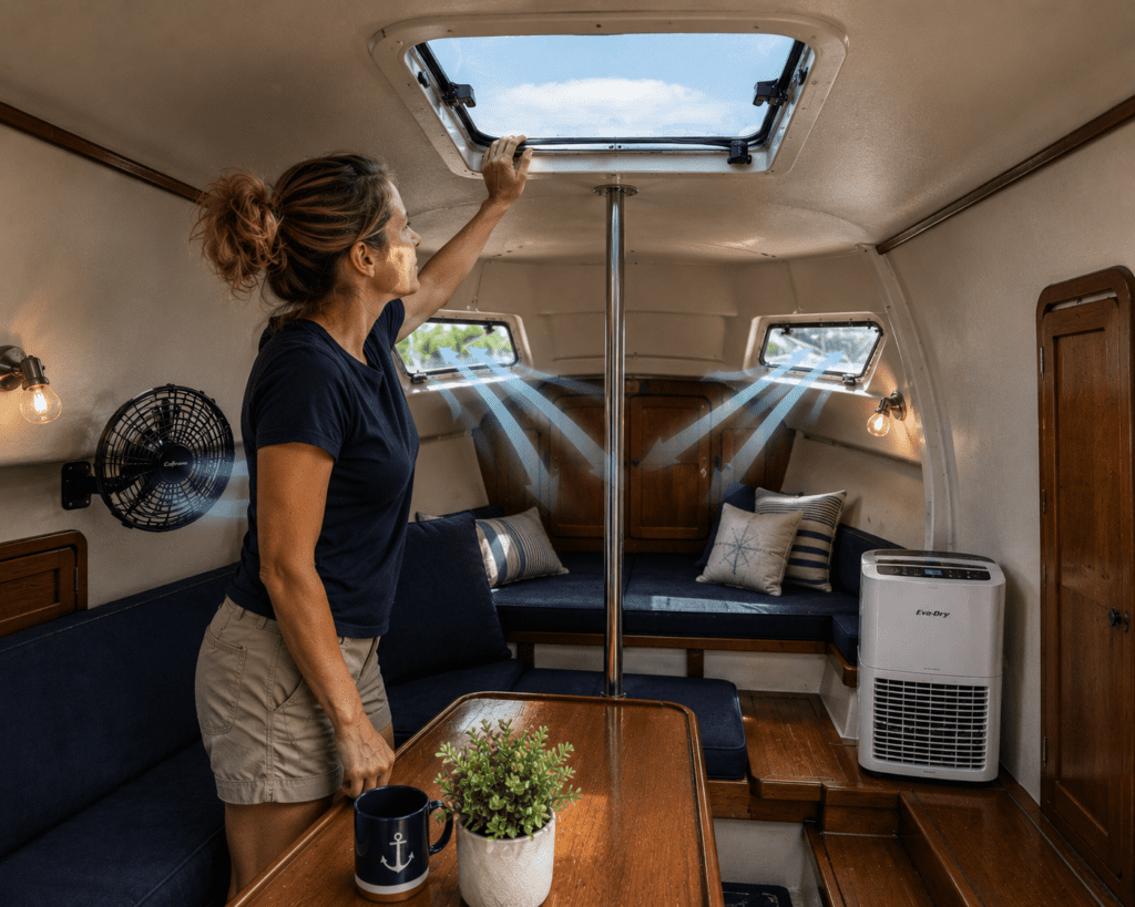 cross ventilation is important to get air flowing to dry the inside of the cabin out. 