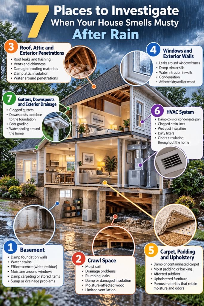 Infographic showing seven places to investigate when a house smells musty after rain, including the basement, crawl space, roof and attic, windows and exterior walls, carpet and upholstery, HVAC system, gutters, downspouts, and exterior drainage.