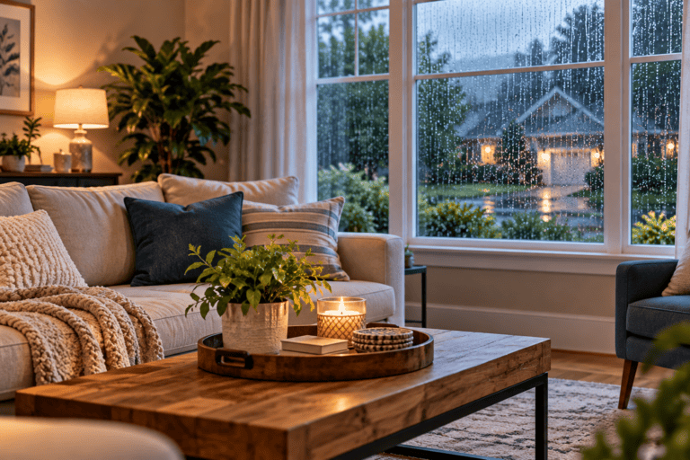 Clean, cozy living room with rain visible through large windows, illustrating how wet weather and increased humidity can contribute to musty odors inside a home.