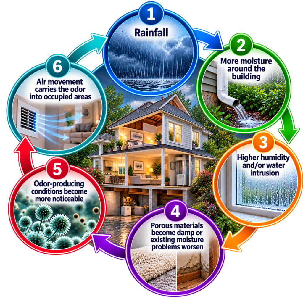 Circular infographic showing how rainfall can lead to musty odors in a home, from increased moisture and humidity to damp porous materials, odor-producing conditions, and airflow carrying odors into living areas.