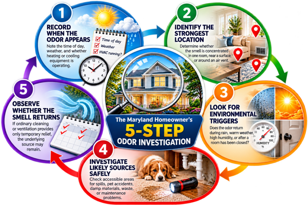 infograph of 5 steps for the home investigation of odor.