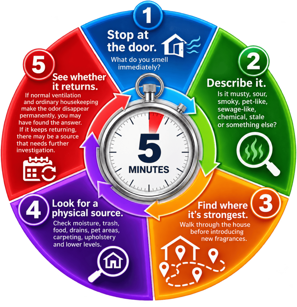 infographic image displaying a 5 minute check to find odors in your home. 