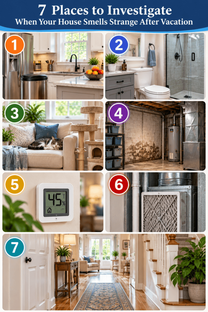infograph showing the 7 place to investigate upon arriving home and finding a funky smell in the air. 