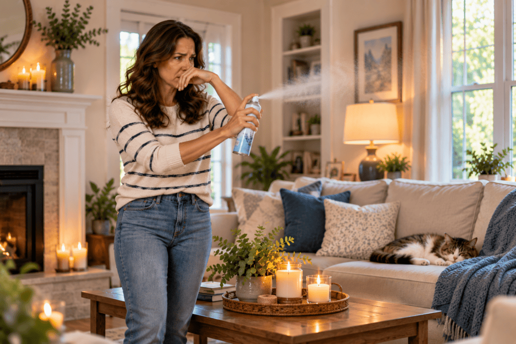 woman using canned air freshener and candles to mask the odor. 