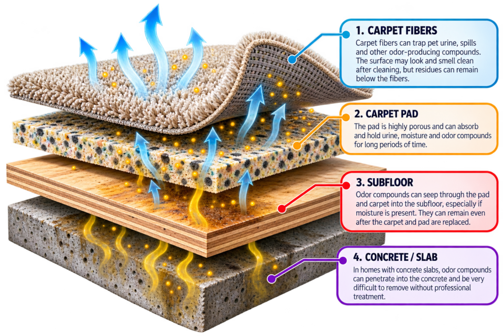 exploded carpet view showing the layers of porous material that can be hidden but affected.