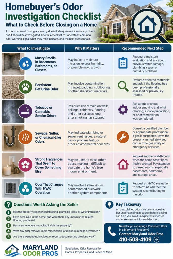 an infograph showing a check list of odors from Maryland Odor Pros for people to check out when buying a home with a strange odor.