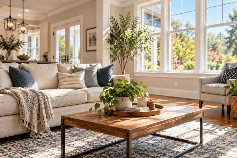 Sunlit Maryland living room illustrating why household smells can come and go