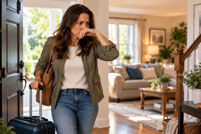 woman coming home from vacation to find that her clean house smells strange.