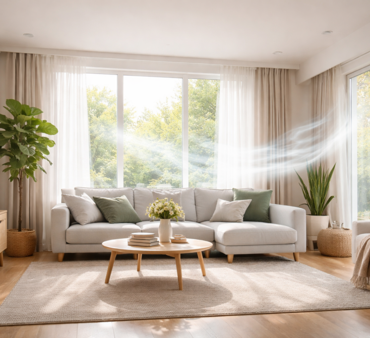 Bright residential interior showing clean air and freshness after professional odor removal