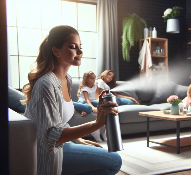 Create an image of a woman spraying a can of air freshener in her family living room. Spraying an air freshener