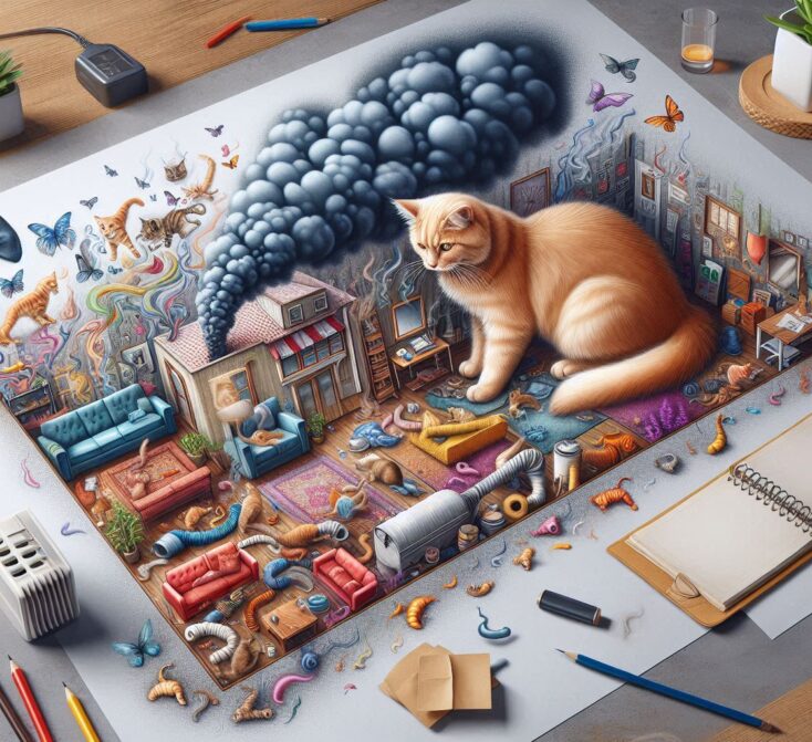 Create an image that communicate the potential havoc that cats can cause, creating nearly unbearable Cat odor issues