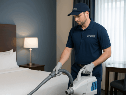 A Technician deodorizes a hotel room.