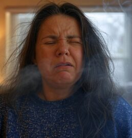 Smoke odor_1 A woman is offended by the odor of tobacco.