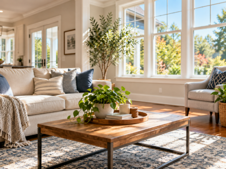 Sunlit Maryland living room illustrating why household smells can come and go