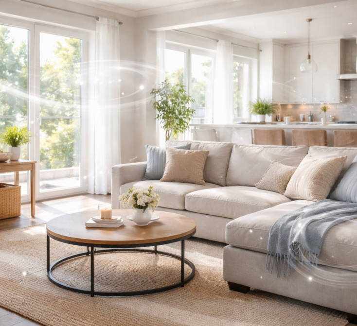Clean modern home interior with invisible airborne particles representing lingering odors after cleaning