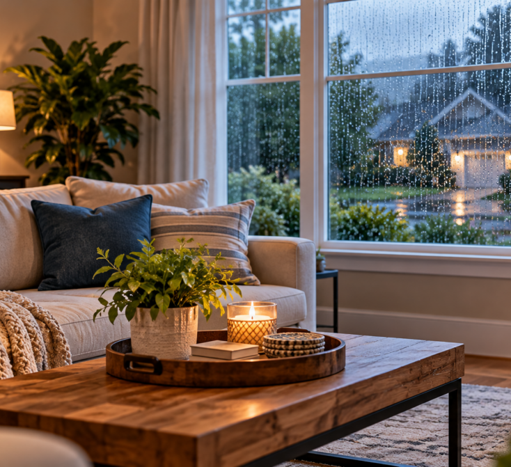 Clean, cozy living room with rain visible through large windows, illustrating how wet weather and increased humidity can contribute to musty odors inside a home.