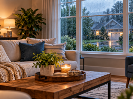Clean, cozy living room with rain visible through large windows, illustrating how wet weather and increased humidity can contribute to musty odors inside a home.
